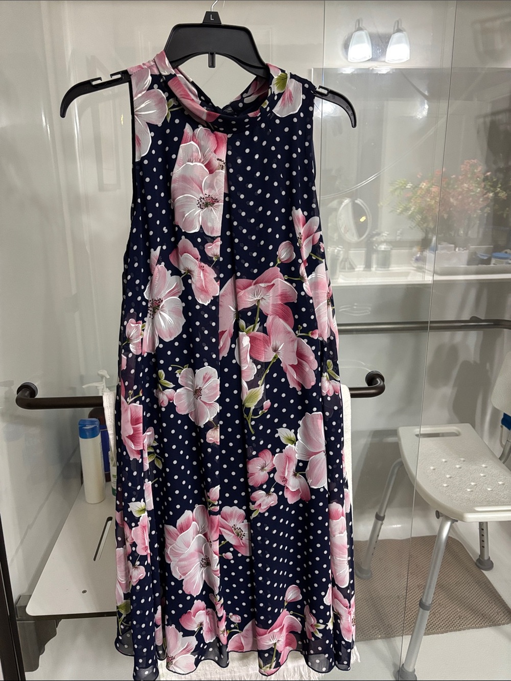 Navy Polka Dot Dress with Pink Floral Overlay